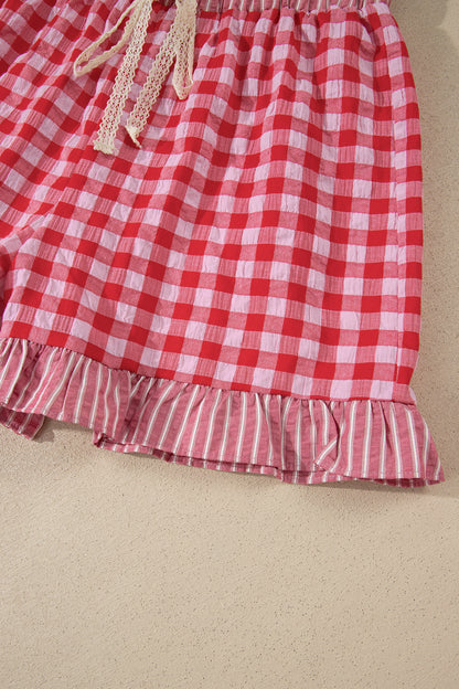 Gingham Ruffle Stripe Patchwork Lace Tie Shorts