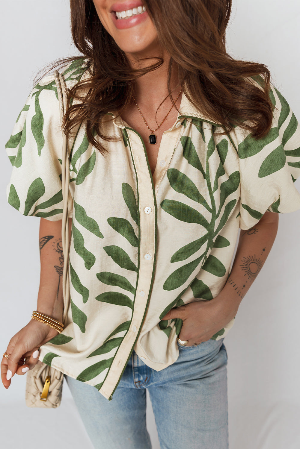 Leaf Short Balloon Sleeve Buttoned Shirt