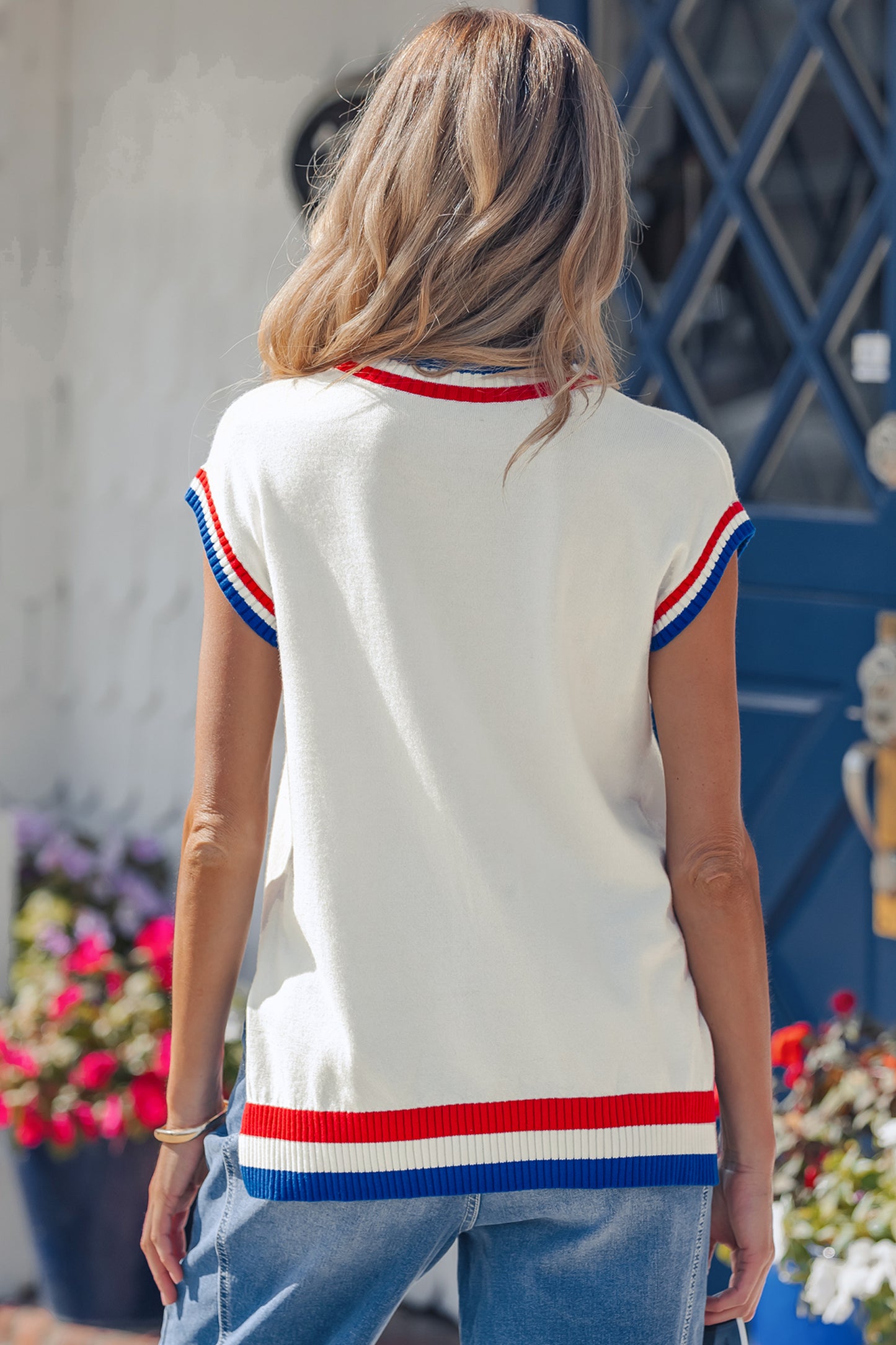 USA Stripe Contrast Trim Short Sleeve Sweater