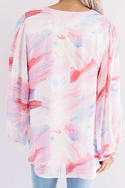 Abstract Balloon Sleeve V Neck Blouse