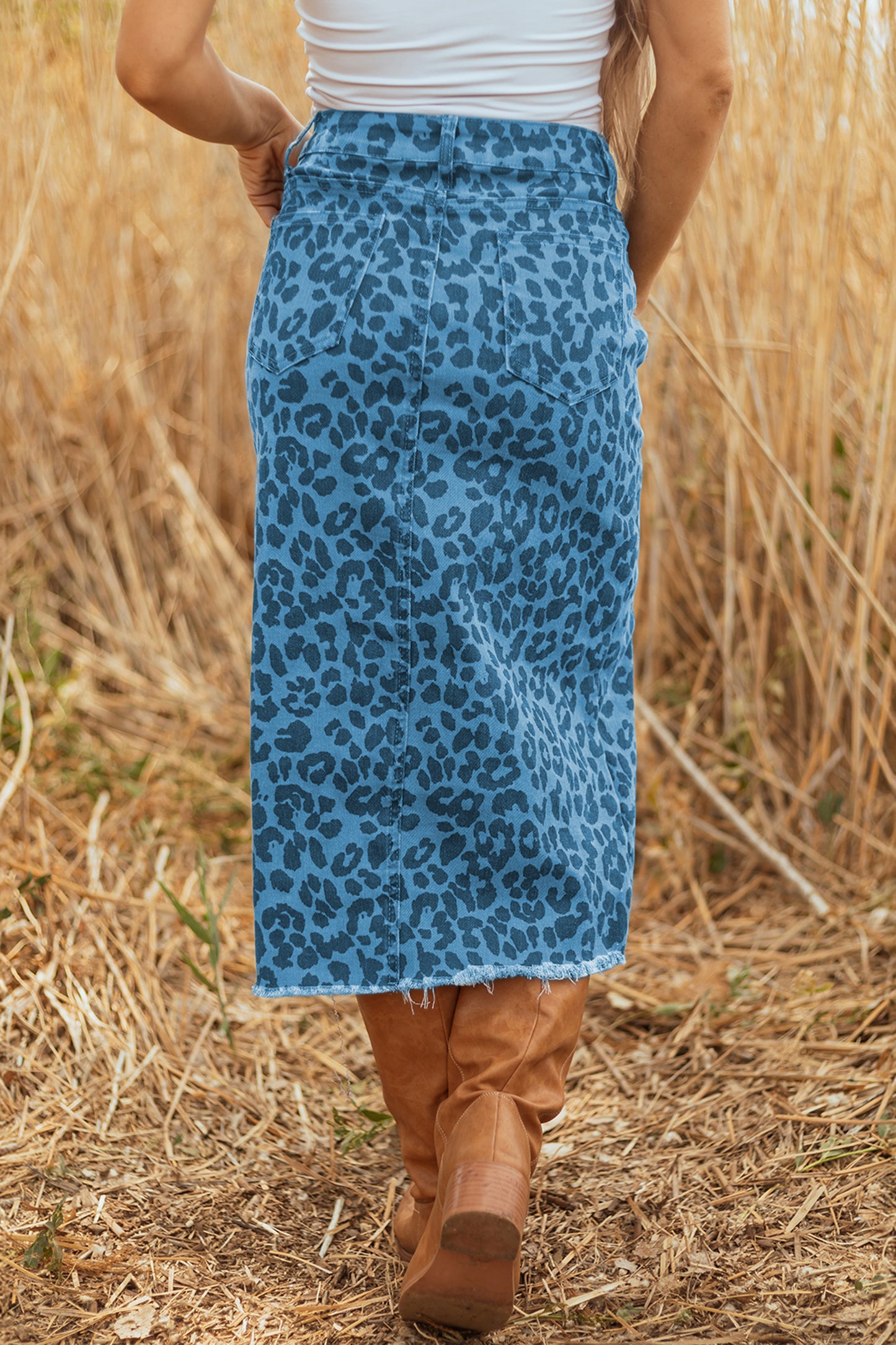 Leopard Denim Frayed Hem Midi Skirt