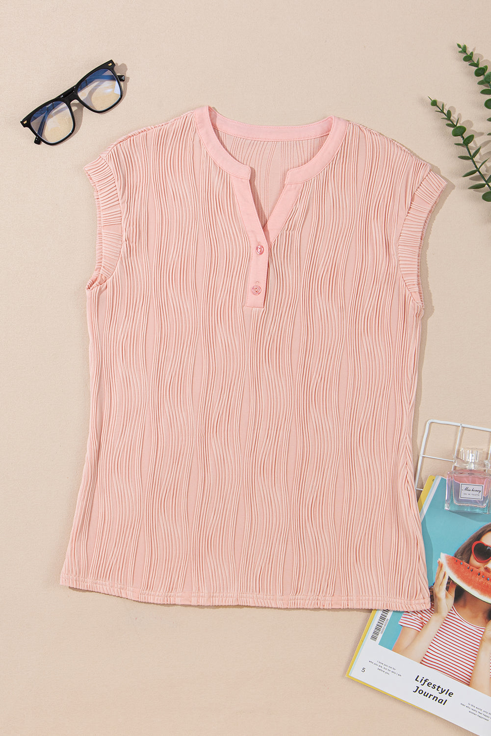 Wavy Textured Button V-Neck Cap Sleeve Tee