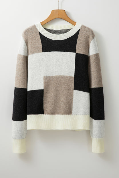 Colorblock Plaid Long Sleeve Sweater