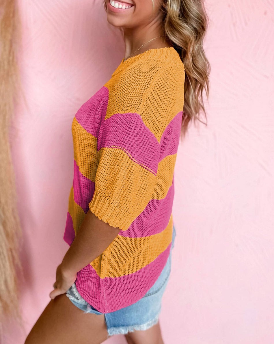 Colorblock Stripe Short Sleeve Sweater