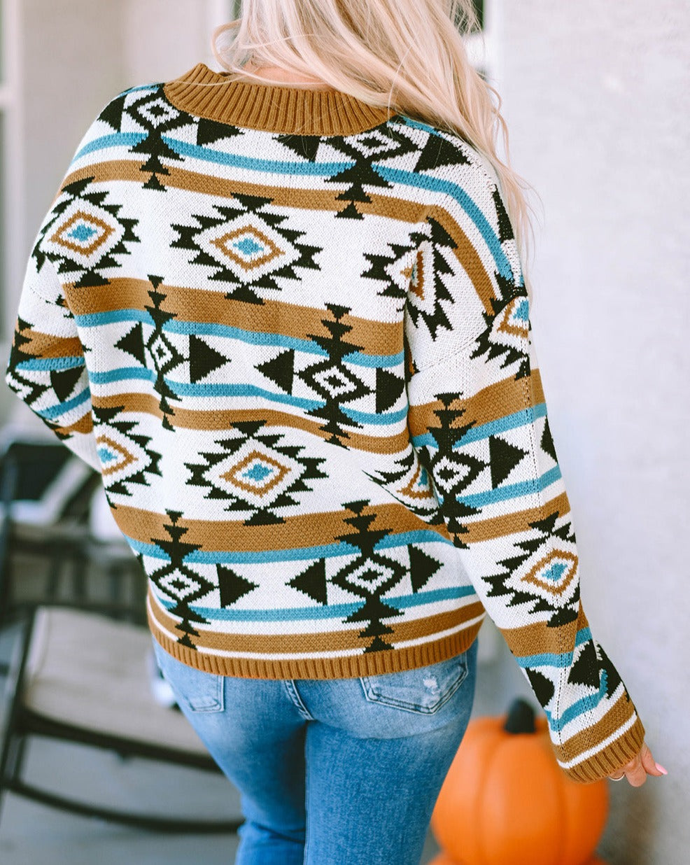 Aztec Stripe Ribbed Trim Sweater