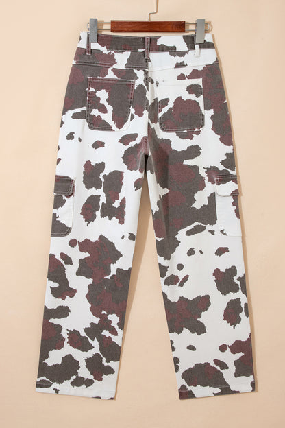 Western Cow Spot Cargo Pocket Straight Leg Jeans