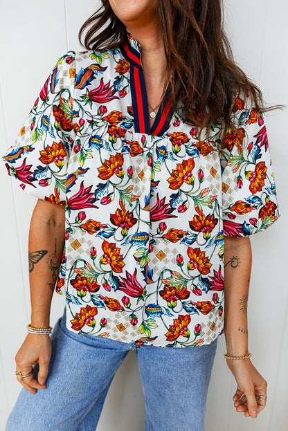 Floral Contrast V-Neck Puff Sleeve Blouse