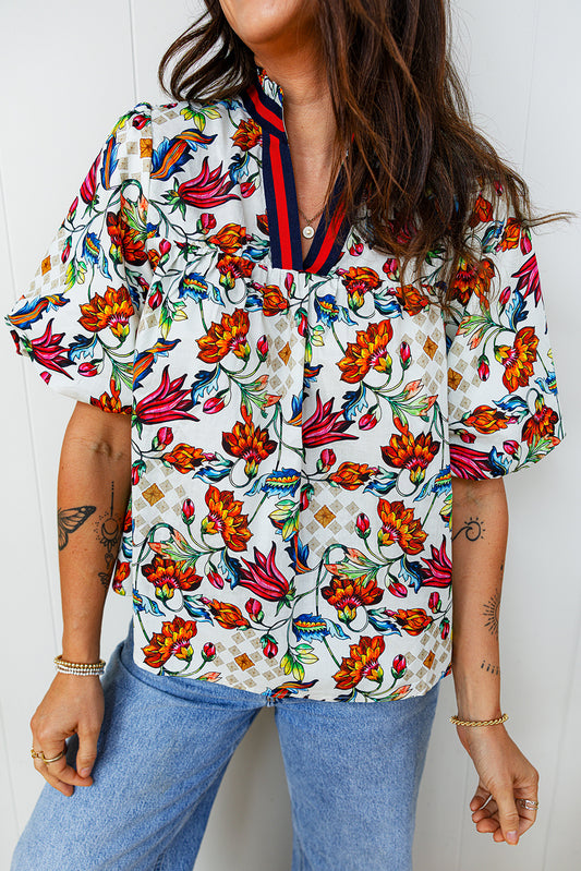 Floral Contrast V-Neck Puff Sleeve Blouse