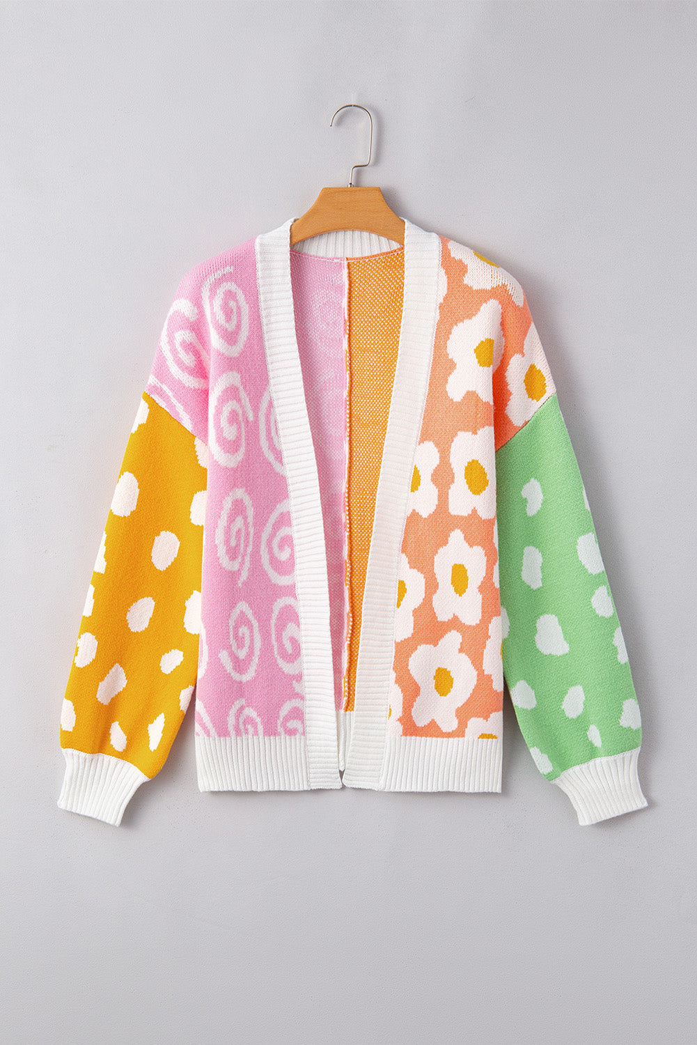 Floral Dotted Colorblock Open Front Cardigan