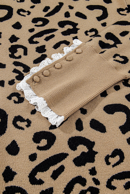 Plus Size Leopard Knit Lacy Trim Long Sleeve Sweater
