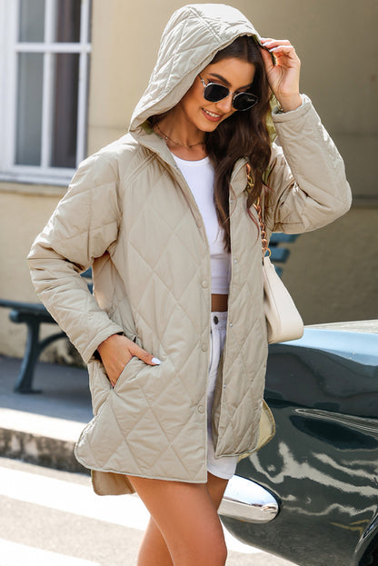 Solid Quilted Snap Button Hooded Puffer Coat