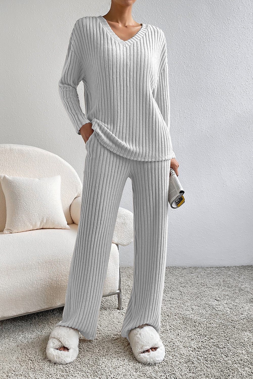 Ribbed V-Neck Top and Pants Set