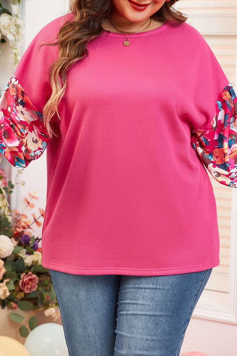 Floral Patchwork Flounce Sleeve Plus Top