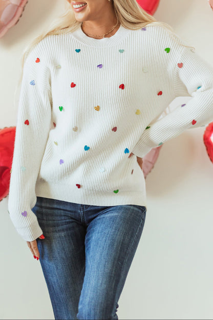 Sequin Heart Waffle Knit Sweater