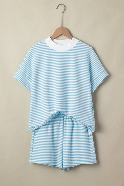Stripe Contrast Mock Neck Tee & Shorts Set