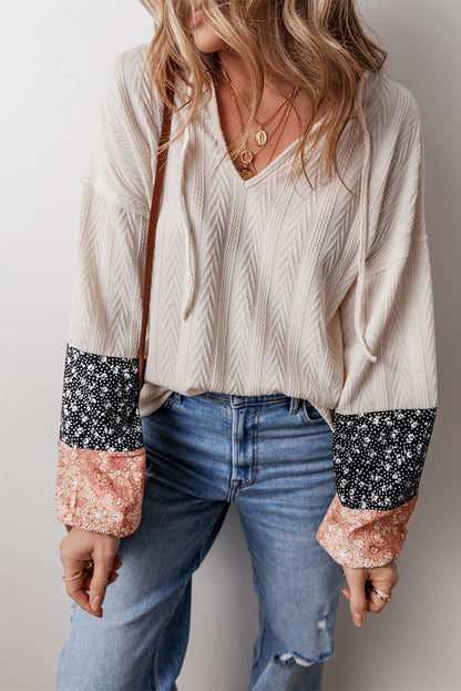 Floral Colorblock Textured V-Neck Blouse