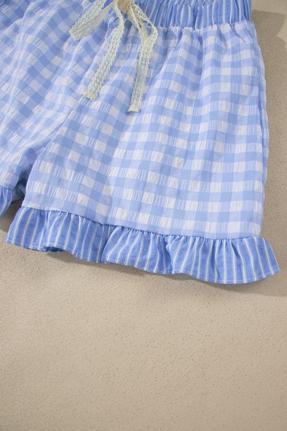 Gingham Ruffle Stripe Patchwork Lace Tie Shorts