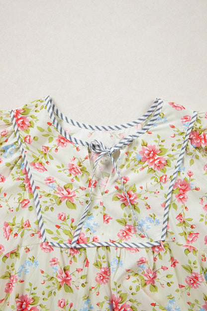 Floral Stripe Trim 3/4 Puff Sleeve Dress