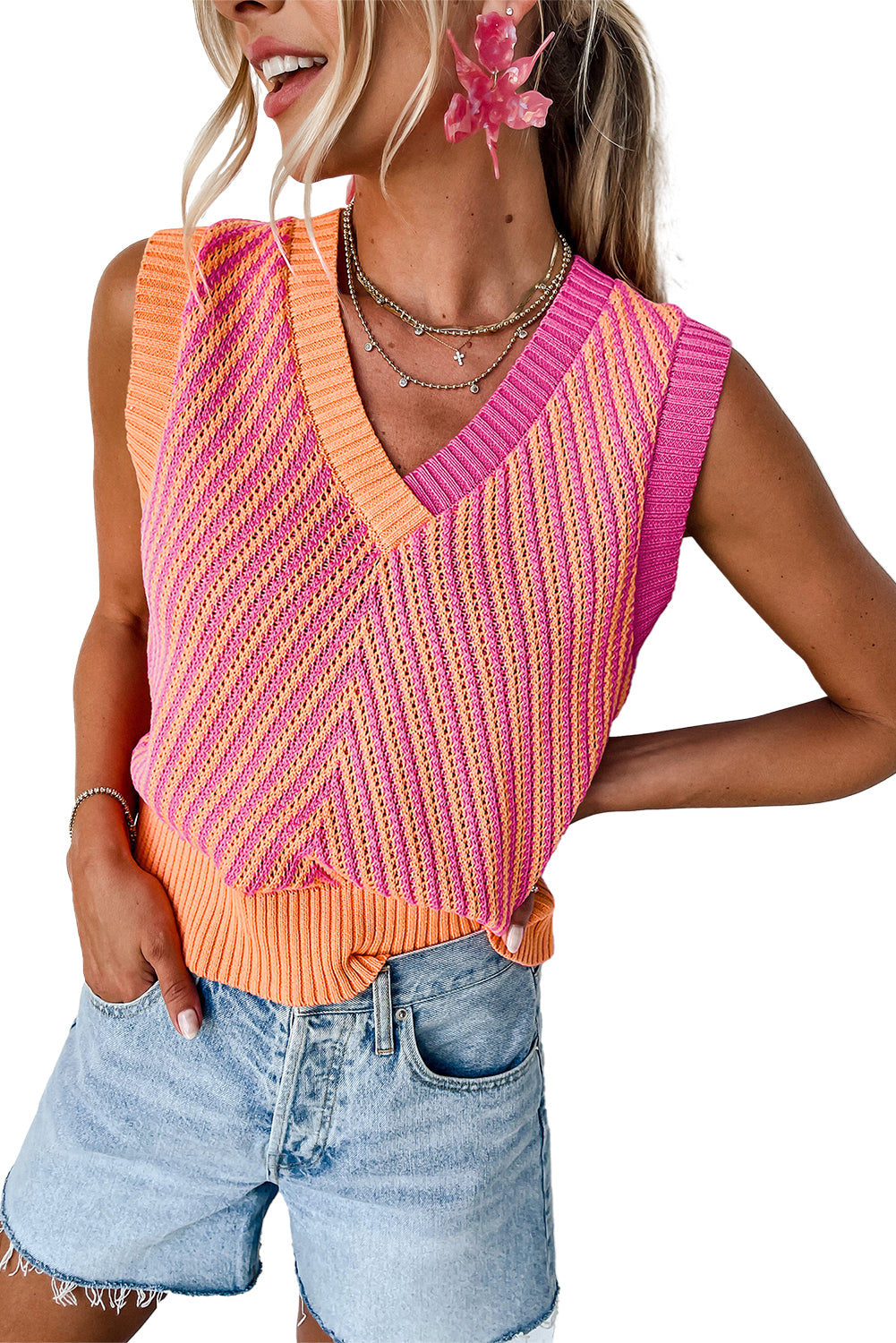 Chevron Colorblock Sleeveless Sweater Top