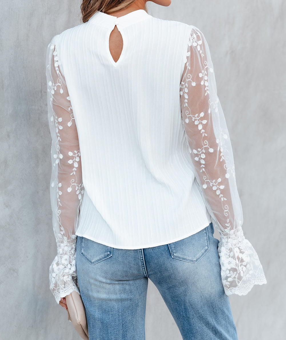 Contrast Lace Sleeve Textured Blouse