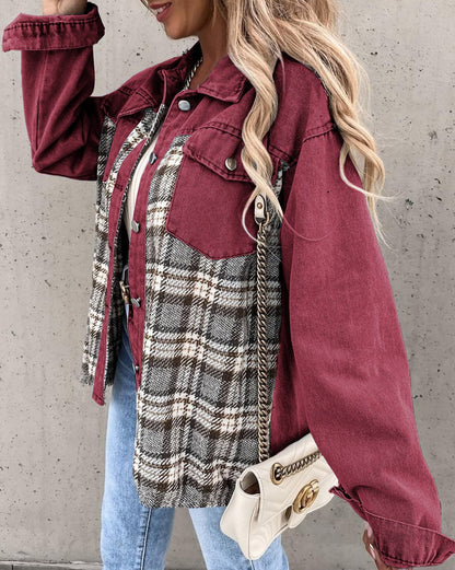 Plaid Patchwork Pockets Denim Jacket