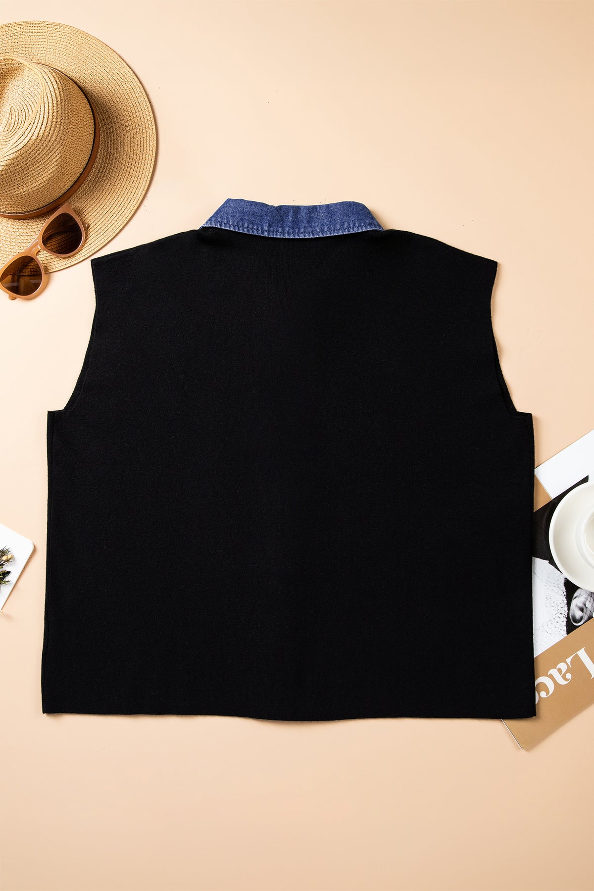 Plus Size Denim Patchwork Collar Sleeveless Cardigan