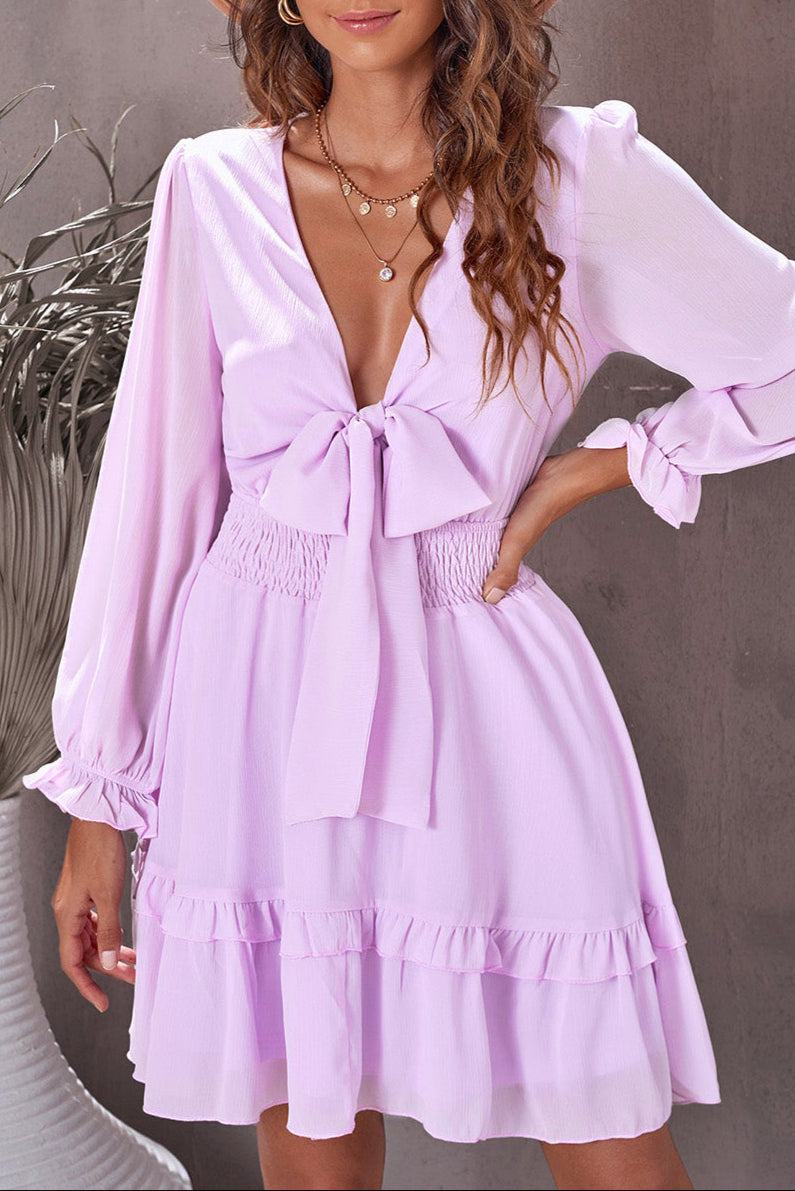 Bow V-Neck Lantern Sleeve Dress