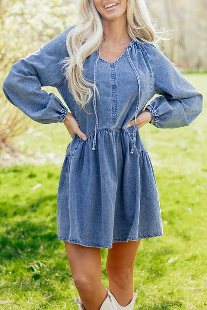 Denim Puff Sleeve Tie V-Neck Ruffle Dress