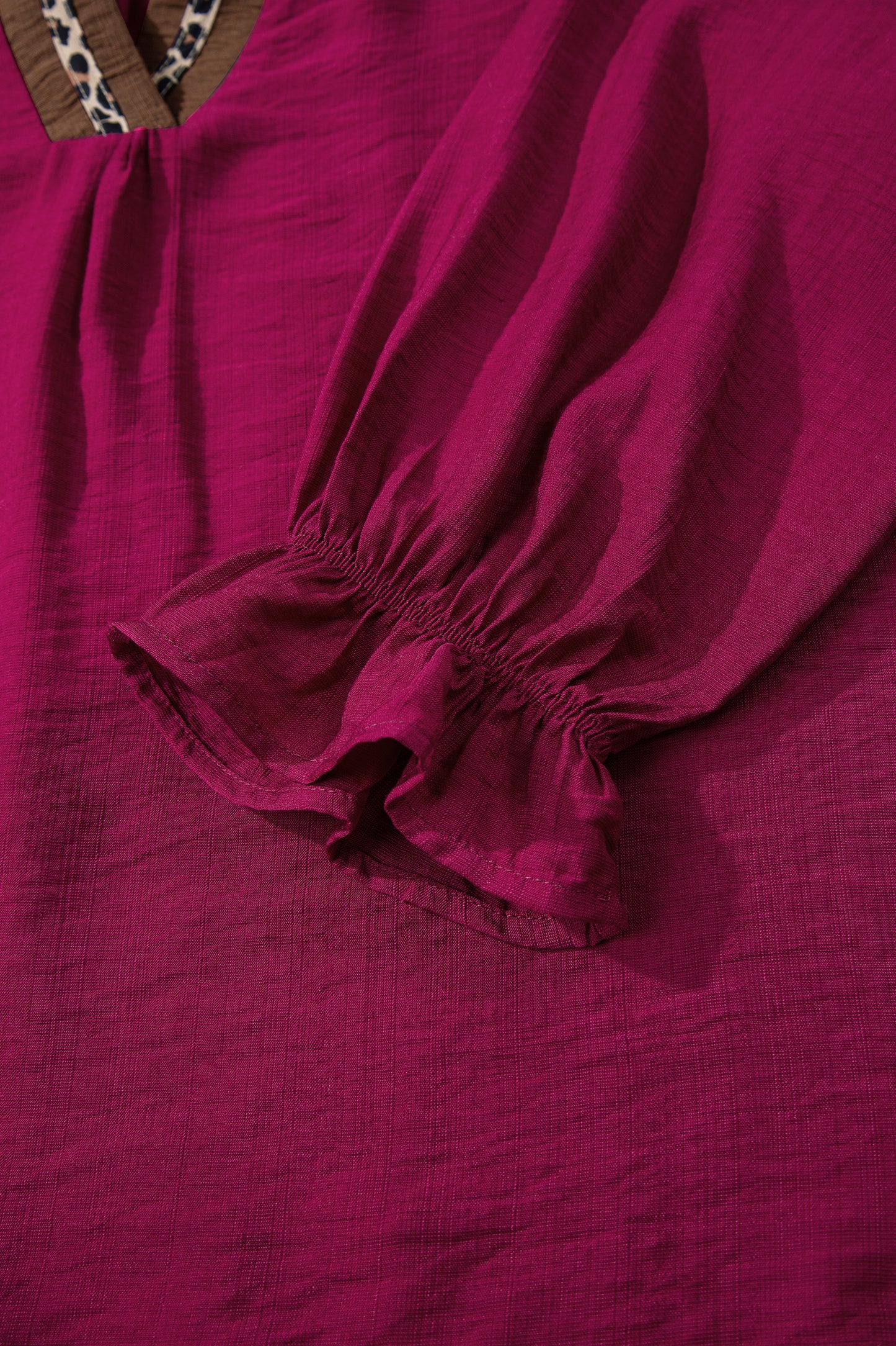 Leopard Trim Flounced  3/4 Sleeve V-Neck Blouse