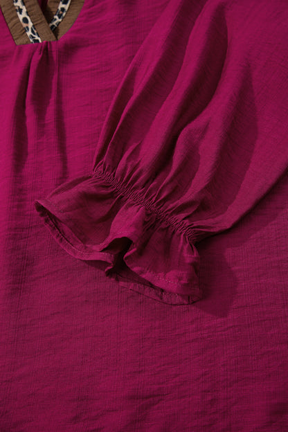 Leopard Trim Flounced  3/4 Sleeve V-Neck Blouse