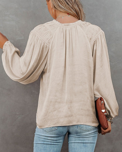 Pleated Balloon Sleeve V-Neck Blouse