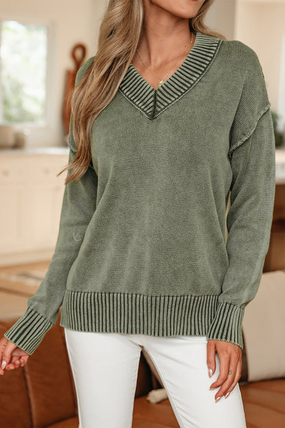 Mineral Wash Reverse Seam V-Neck Drop Shoulder Sweater