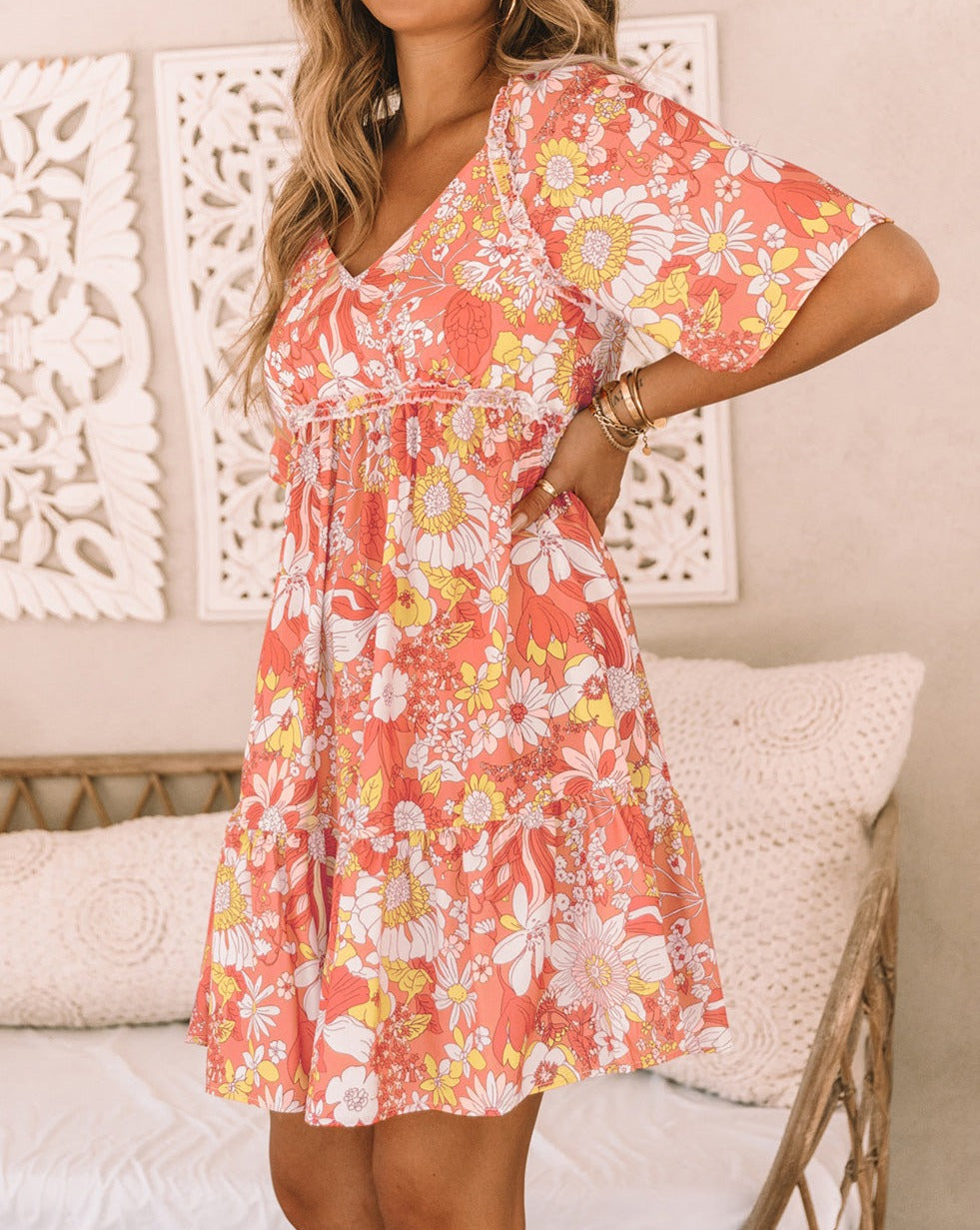 Floral Short Sleeve Babydoll Dress