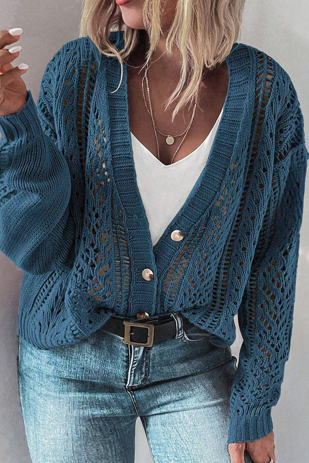 Hollowed Buttoned Sweater Cardigan Plus Size