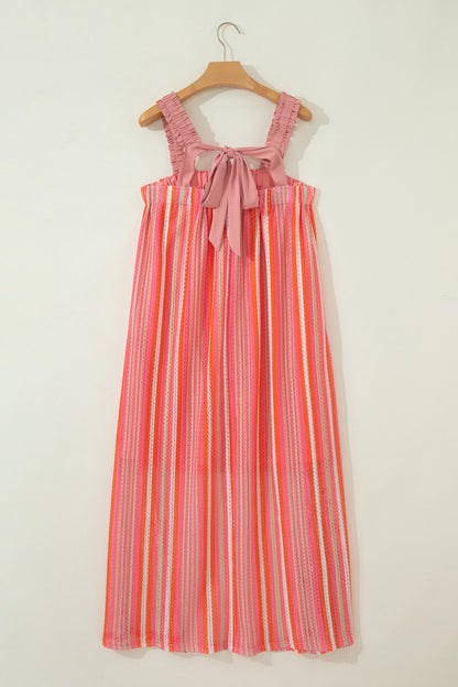 Stripe Textured Knit Ruffle Tie Back Maxi Dress