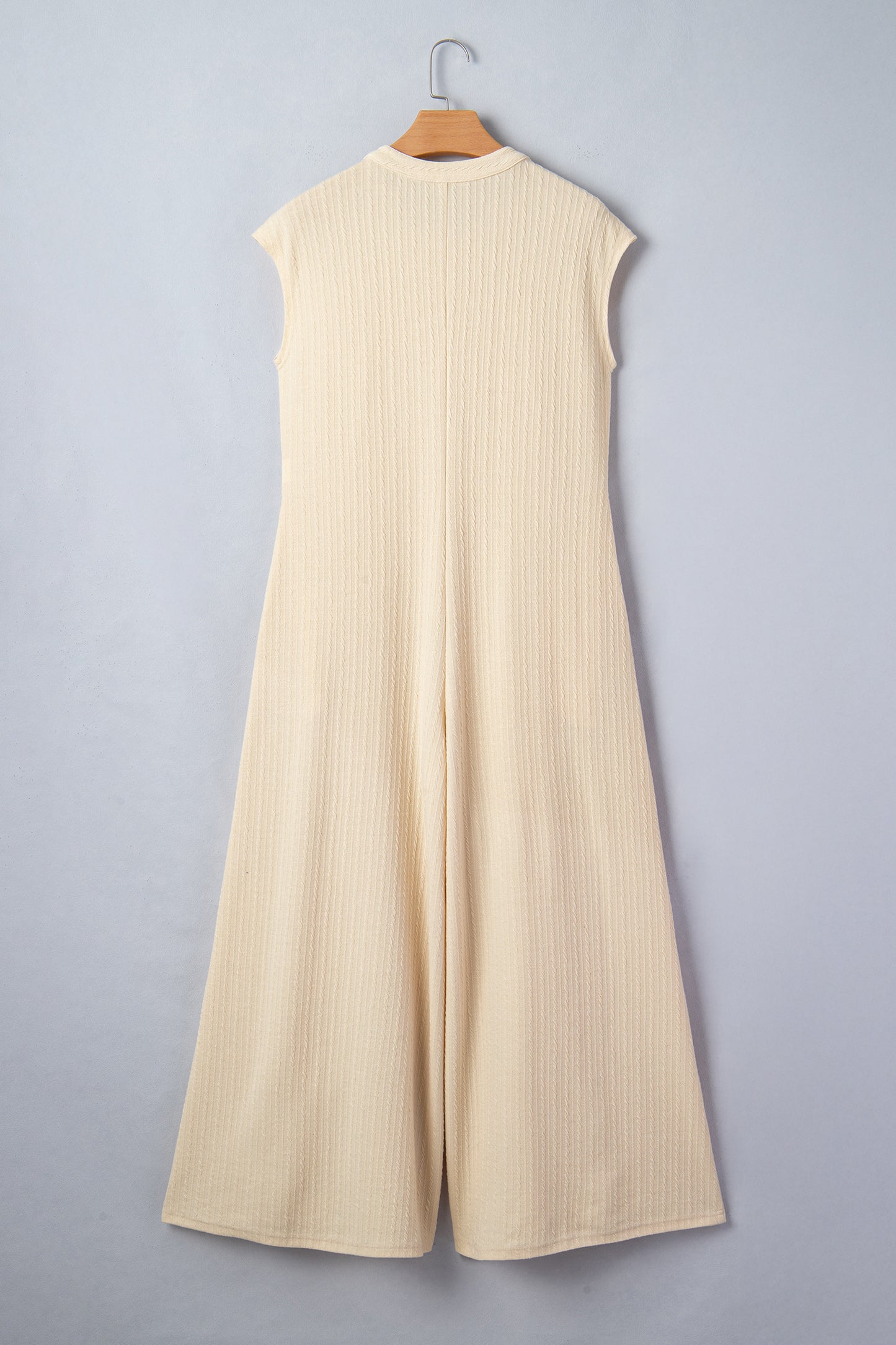 Ribbed Knit Half Buttoned Wide Leg Jumpsuit