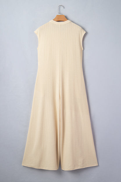 Ribbed Knit Half Buttoned Wide Leg Jumpsuit