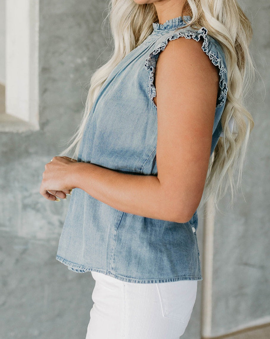 Chambray Pleated Button Back Top