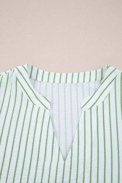 Floral Stripe Puff Sleeve Notched V-Neck Blouse