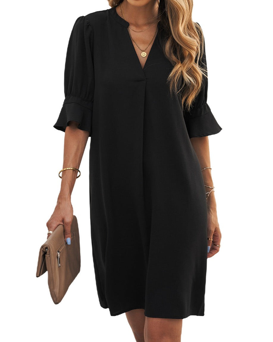 Ruffle 3/4 Sleeve V-Neck Dress