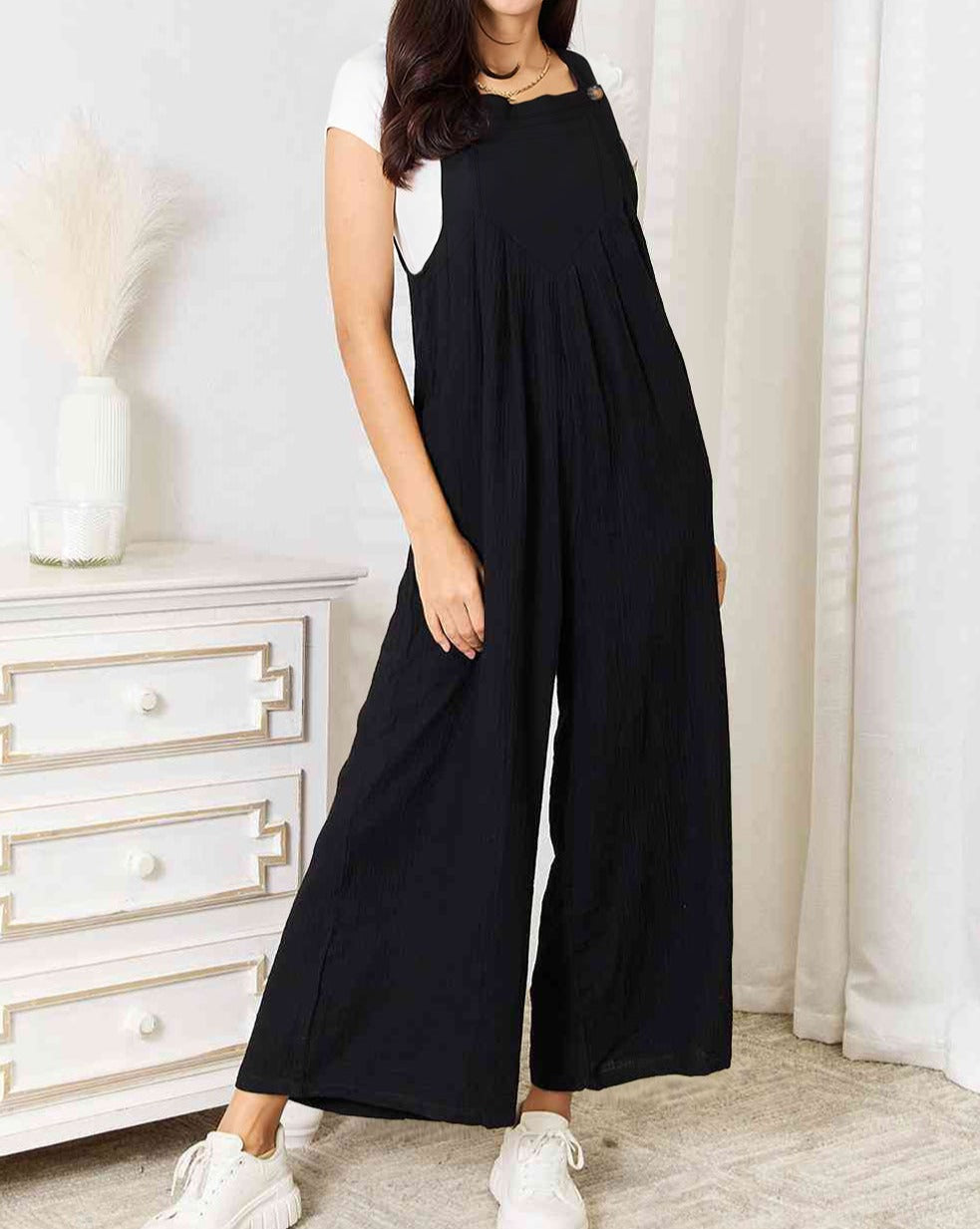 Crinkle Wide Leg Pocketed Overalls