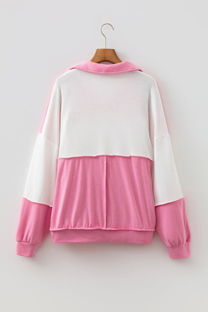 Colorblock Ricrac Trim Collared V-Neck Long Sleeve Top