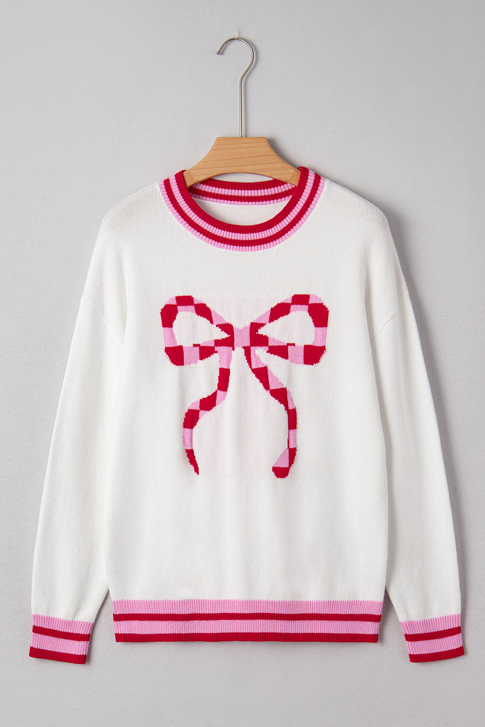 Christmas Stripe Trim Bow Crewneck Sweater