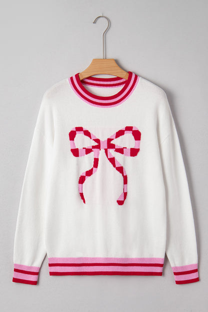 Christmas Stripe Trim Bow Crewneck Sweater