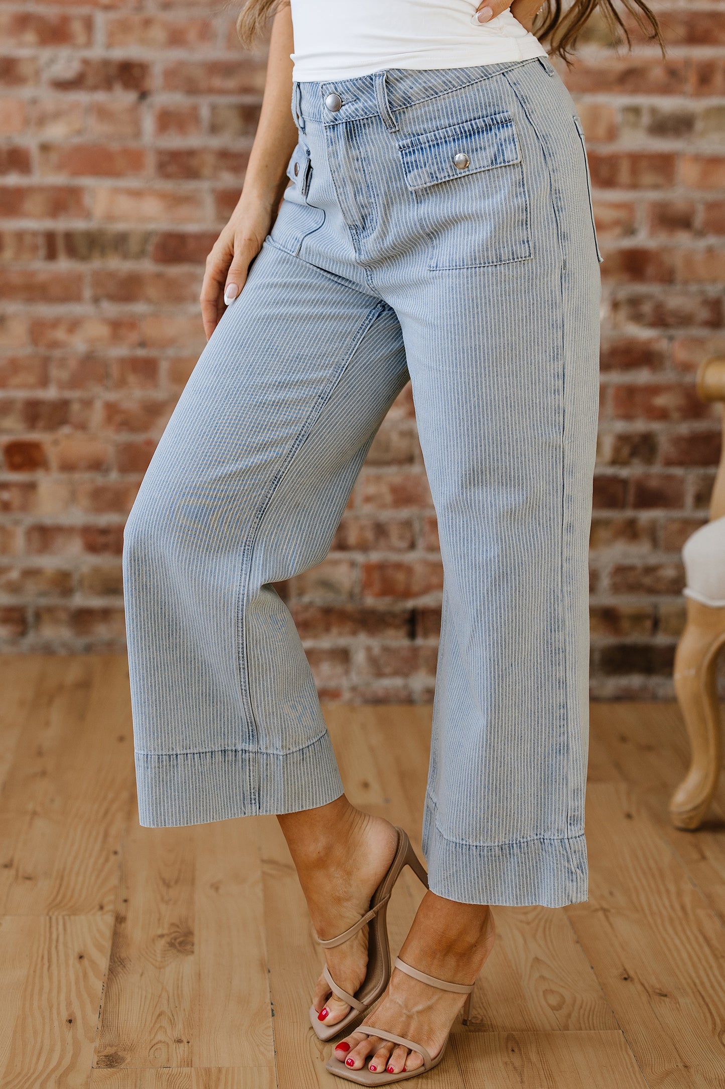 Stripe Denim Button Flap Pocket Cuffed Hem Jeans