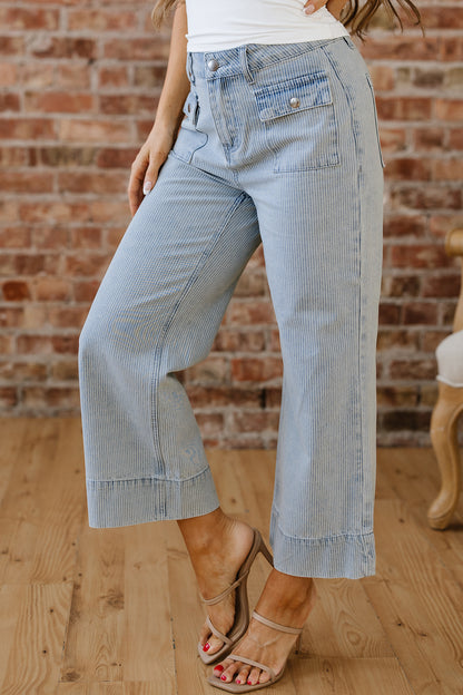 Stripe Denim Button Flap Pocket Cuffed Hem Jeans