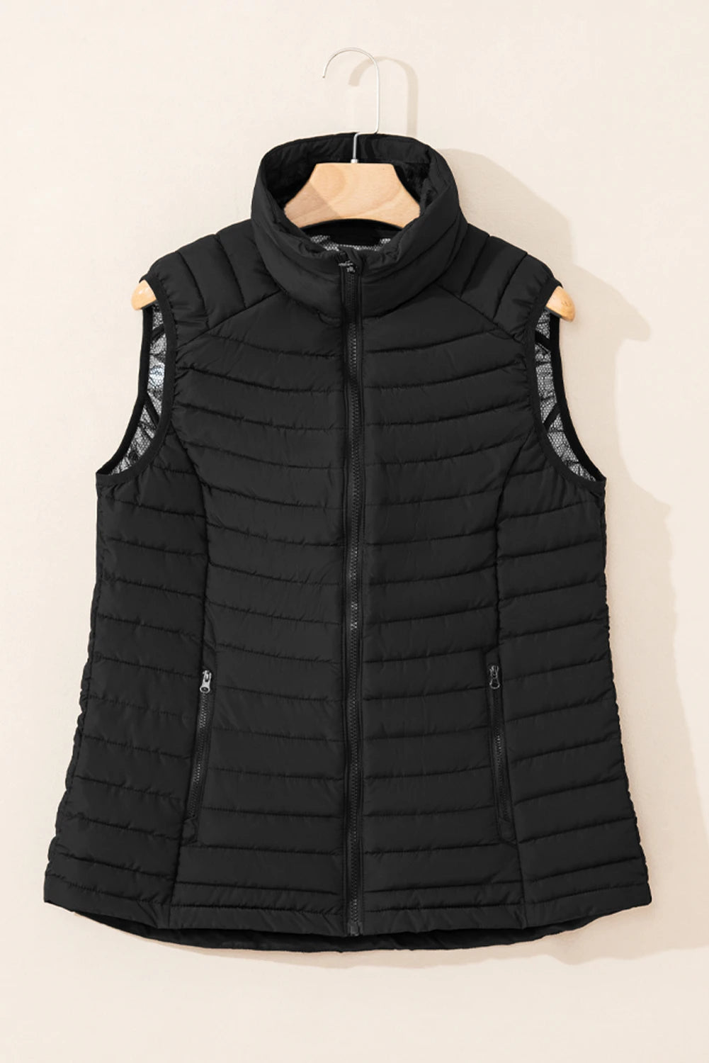 Solid Plush Standing Collar Zip Up Puffer Vest