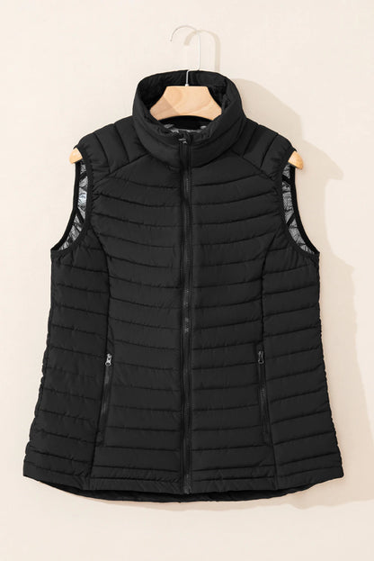 Solid Plush Standing Collar Zip Up Puffer Vest