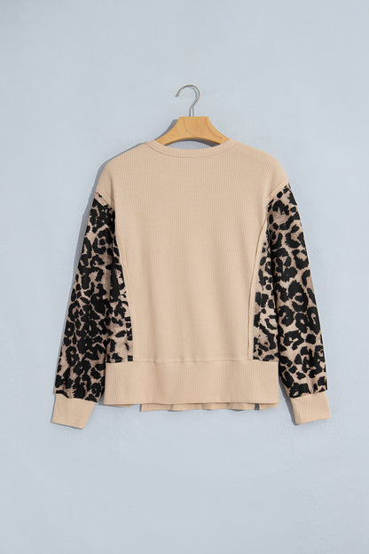 Leopard Ribbed Trim Waffle Knit Split Hem Sweater
