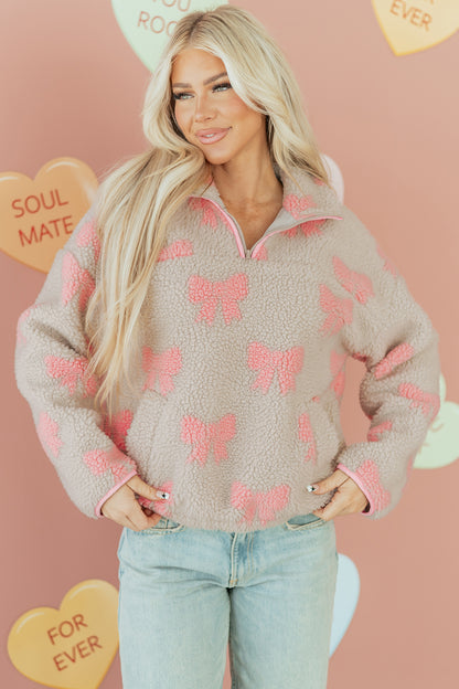 Valentine Bow Sherpa Quarter Zip Sweatshirt
